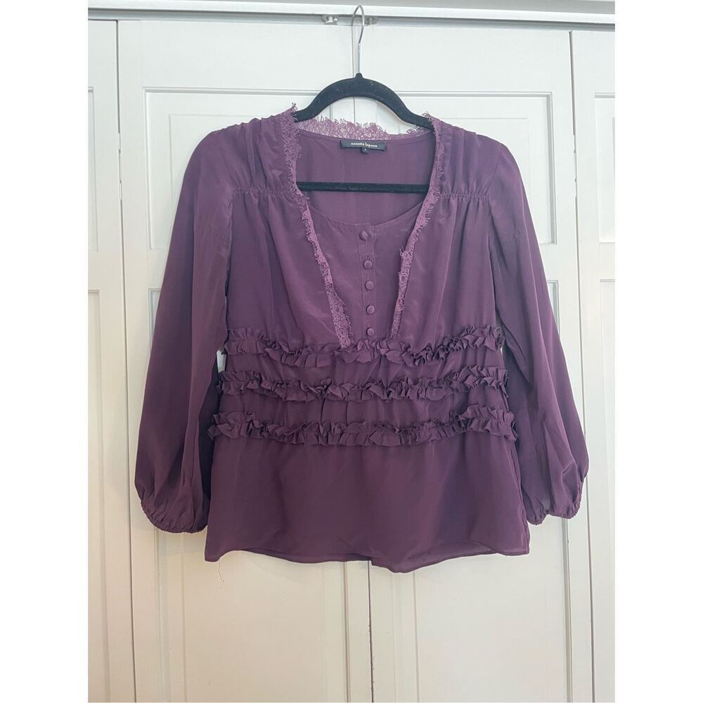 Nanette lepore 100% silk purple ruffled lace trim blouse size 0 - Picture 3 of 10